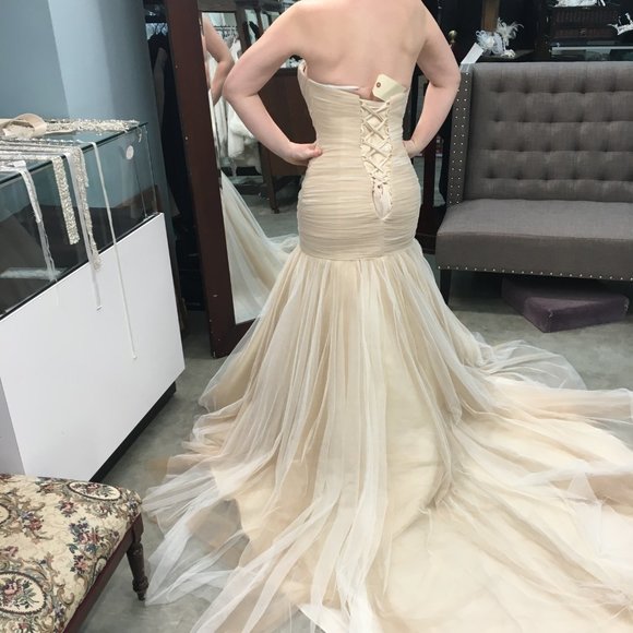 Sample Champagne Asymmetrical Ruched Fit & Flare Wedding Dress, Corset Laceup - Picture 10 of 12